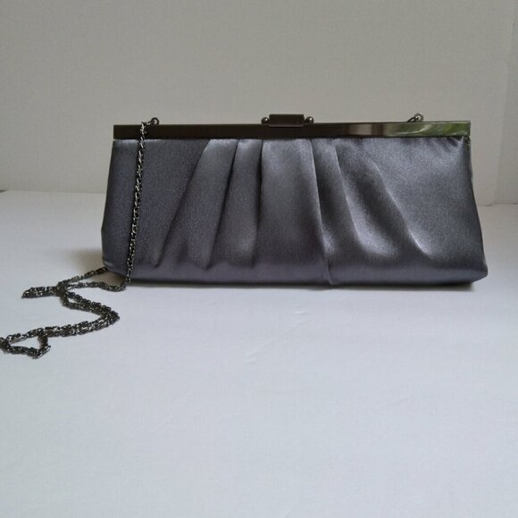 Jessica McClintock Handbags - 'Blaire' Slate Grey Satin & Gunmetal Silver Shoulder Strap Frame Clutch Bag